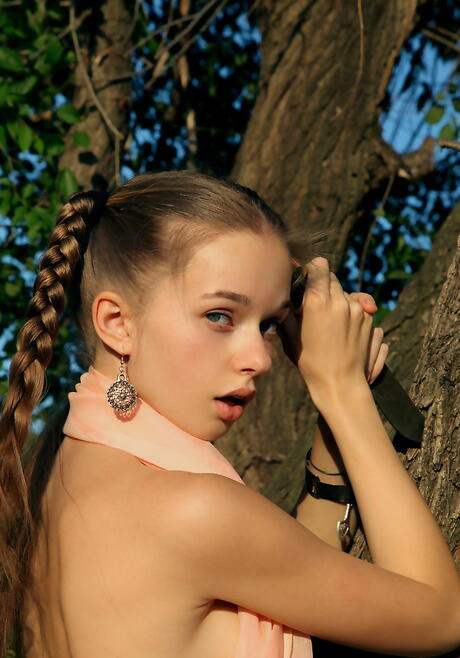 Very attractive youthful Milena D in sexy lingery uncovers small tits and hairy pussy outdoor